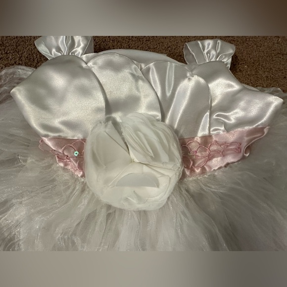 Wedding Flower Girl White Dress Pink Tulle Overlay Costume Pretend Play Dress-up - Picture 2 of 15